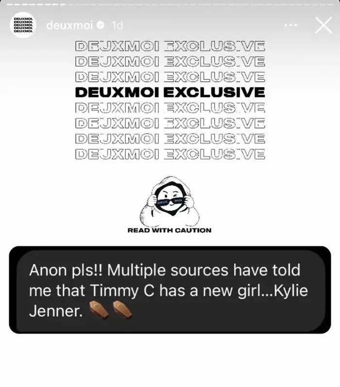 Screenshot of DeuxMoi's IG story that "multiple sources have told me that Timmy C has a new girl, Kylie Jenner"