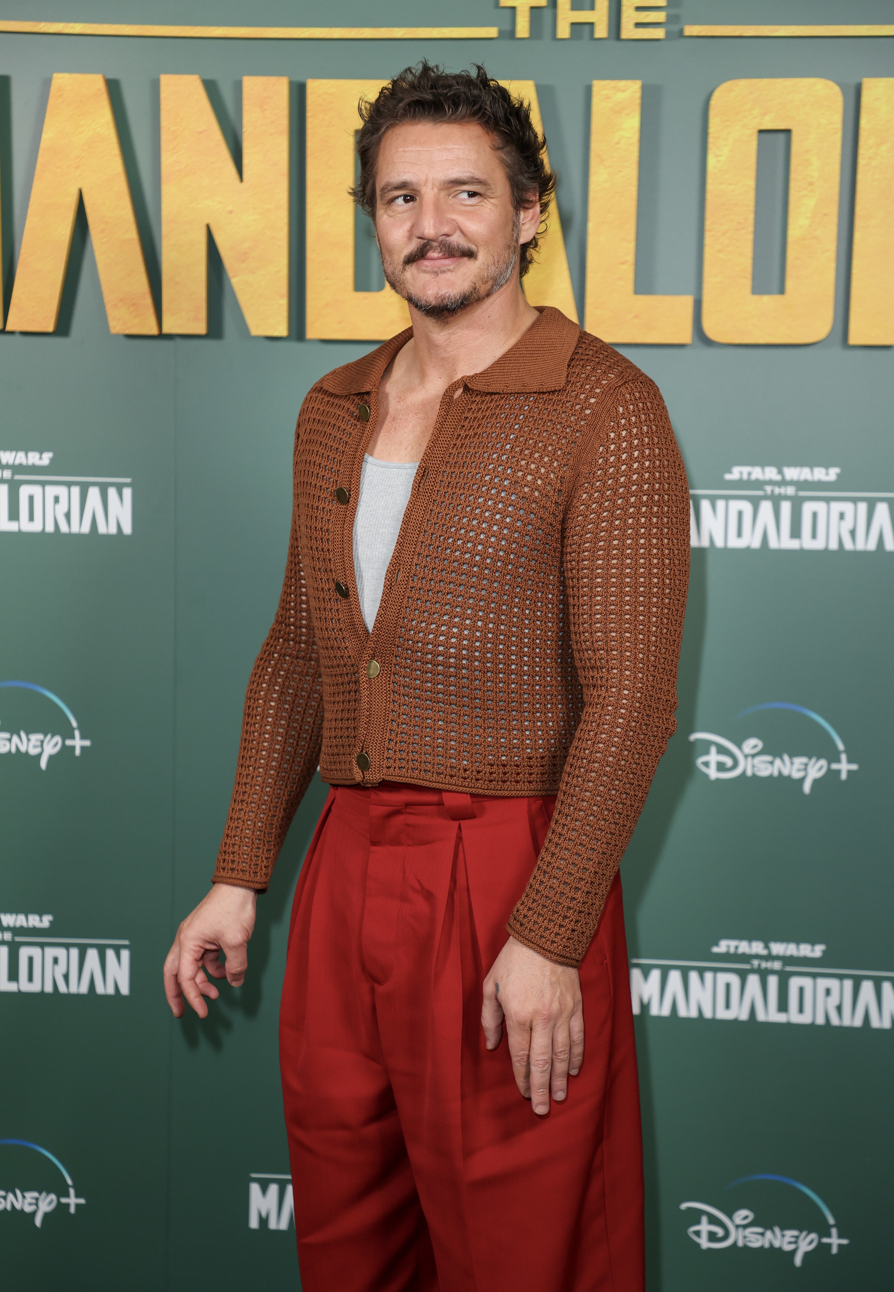 Close-up of Pedro in a crop knit sweater and loose pants