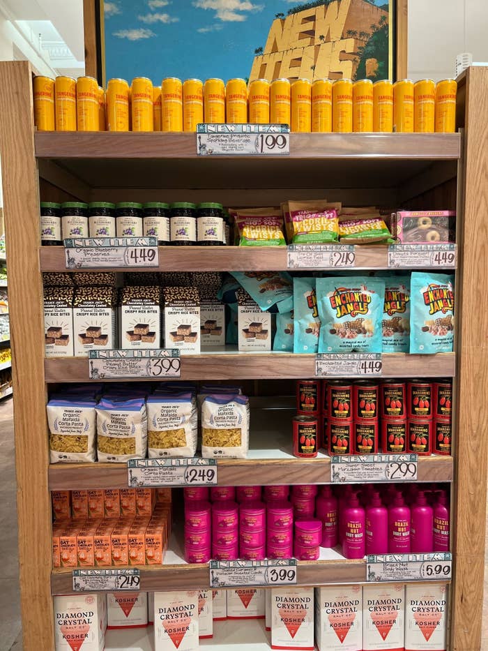 A shelf of new products at Trader Joe&#x27;s.