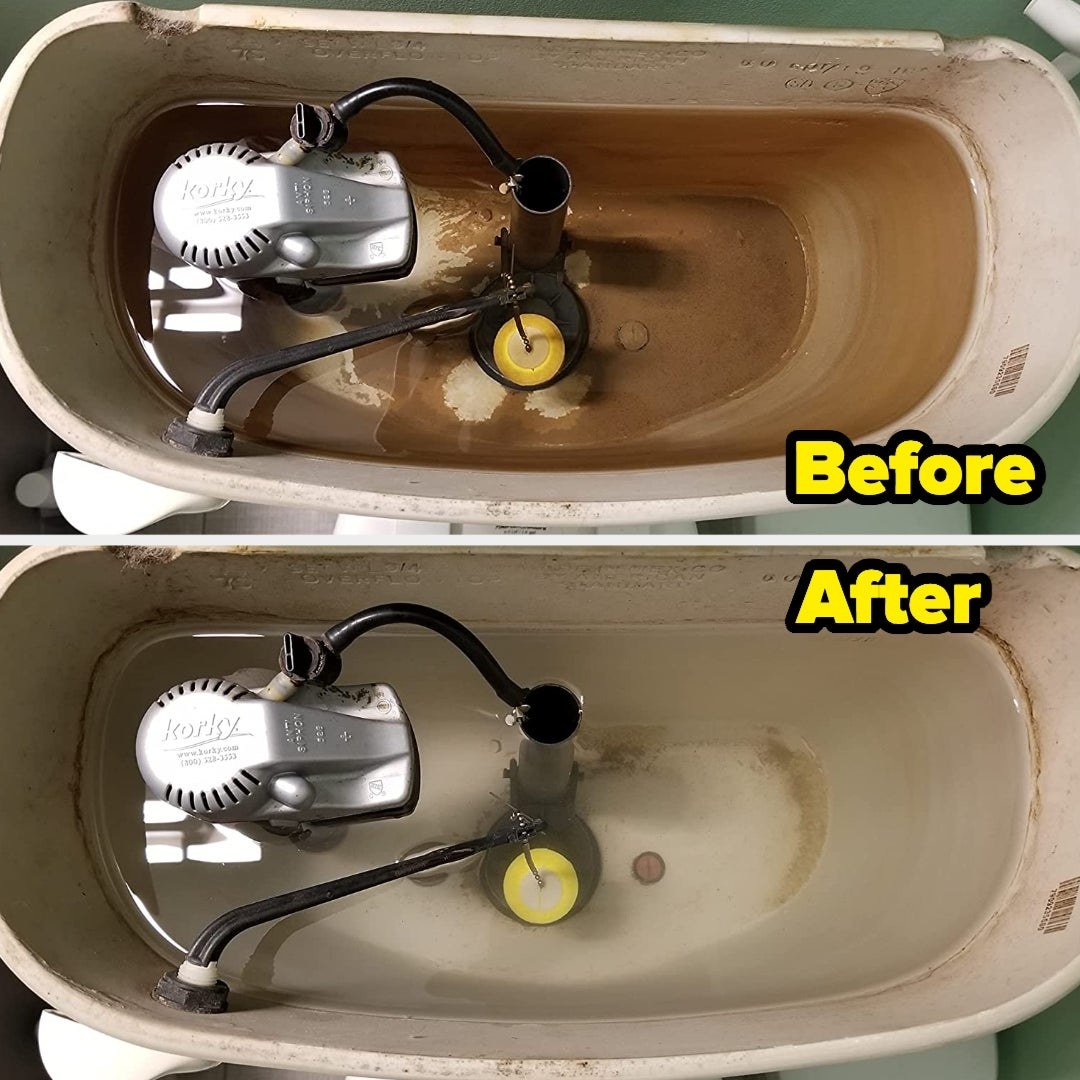 a reviewer&#x27;s before and after of their toilet tank using the product