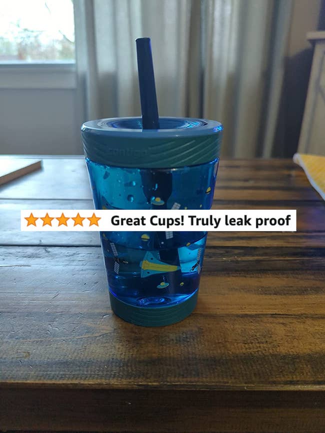 The cup in blue with a 5-star review that says 