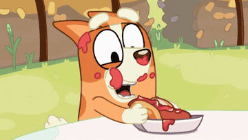 Bingo from &quot;Bluey&quot; eating a hot dog quickly while ketchup splashes everywhere
