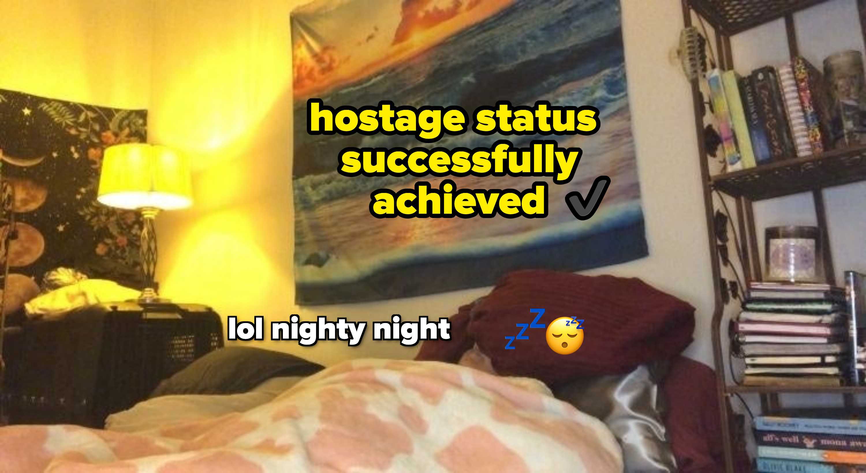 woman sleeping under blanket and pillow with text that says &quot;hostage status successfully achieved&quot; and &quot;lol nighty night&quot;
