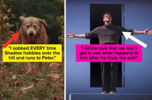 Shadow runs to Peter in "Homeward Bound," Truman finishes a bow before walking through the exit door in "The Truman Show"