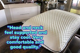 A foam pillow and a quote reading "Head and neck feel supported and stay cool. Very comfortable and good quality."