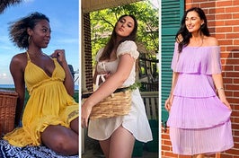 on left: reviewer in yellow strapless ruffle dress. in middle: reviewer in short sleeve white mini dress. on right: reviewer in off shoulder purple ruffle midi dress