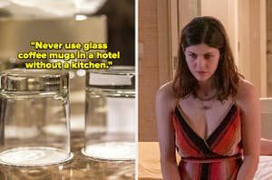 Cups in a hotel bathroom, Alexandra Daddario in The White Lotus, text: "Never use glass coffee mugs in a hotel without a kitchen."