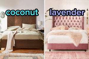 On the left, a bed with a tall, wooden headboard, and on the right, Jennifer Coolidge holding a mug to her lips as Tanya on The White Lotus with an arrow pointing to the mug and coffee typed next to it