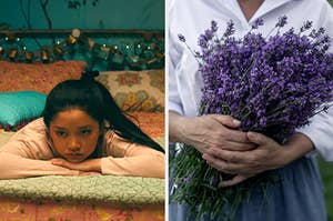 On the left, Lara Jean from To All the Boys lying on her bed, and on the right, someone holding some lavender