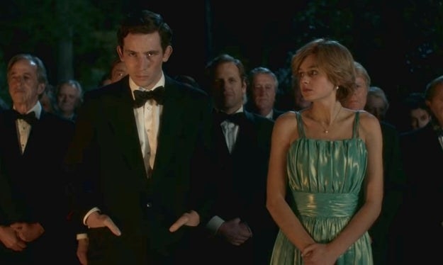 Charles and Diana in &quot;The Crown&quot; - Charles looks away mad while Diana looks at him