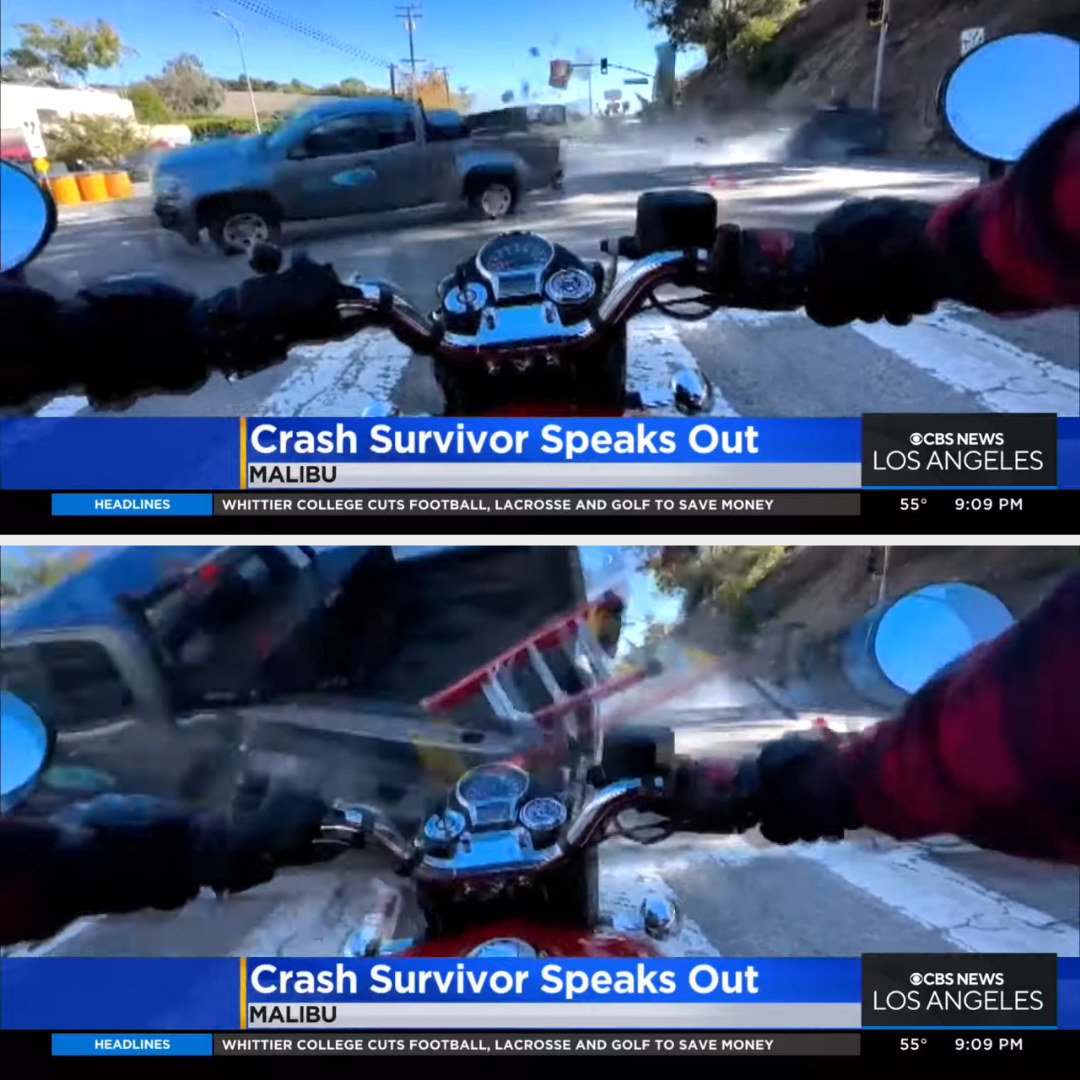 Screenshot of news report showing a car and motorcycle crash with chyron &quot;Crash Survivor Speaks Out&quot;