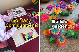 A child putting together a wooden puzzle/A garden made out of a building kit