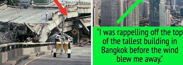a collapsed bridge and a tall building