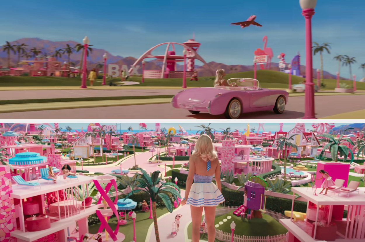 Barbie looking over the very pink world she lives in