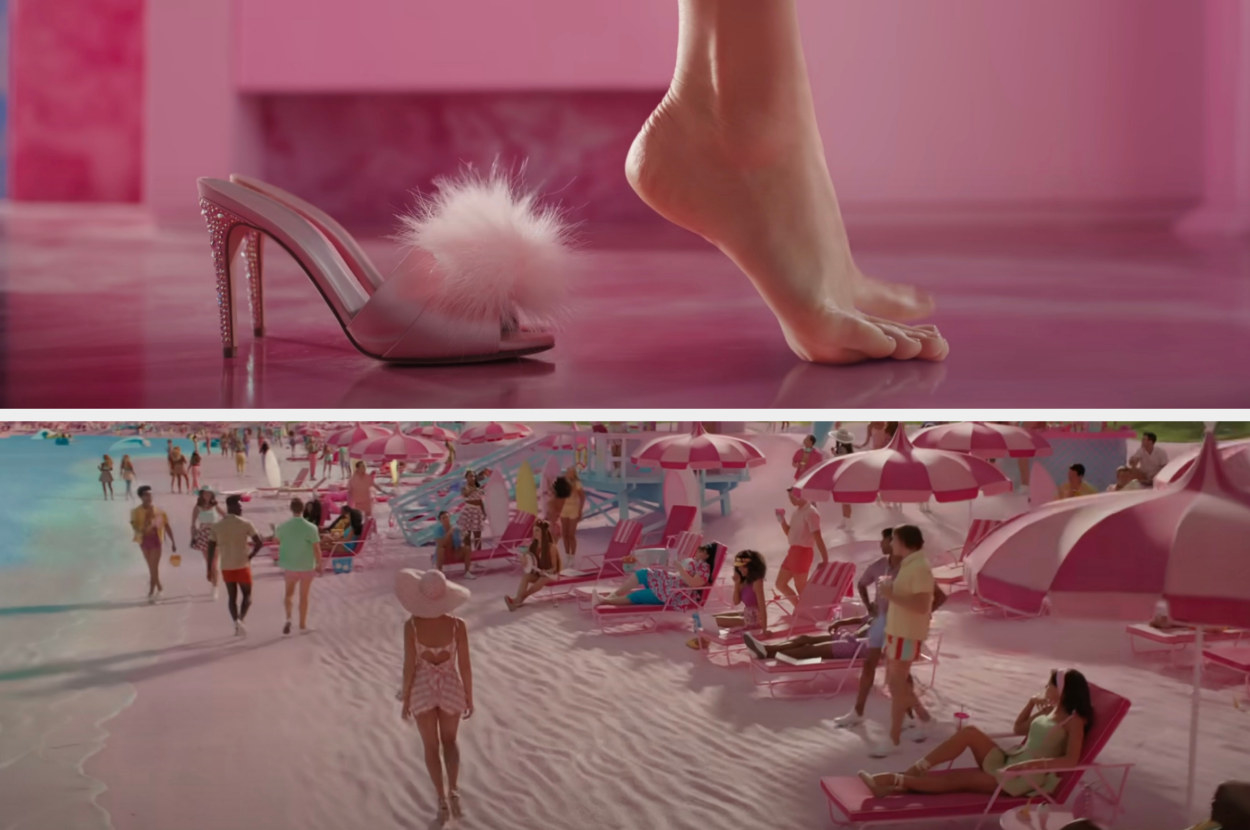 Barbie walking on a packed pink beach and stepping out of her pink heels onto a pink floor