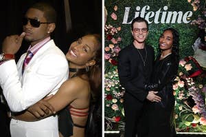 Chilli hugs Usher from behind vs Matthew Lawrence hugs Chilli as they pose for a photo