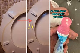 a reviewer's toilet seat before with a brown line on it and after all clean / A reviewer holding a bottle of cream with the pink attachment and some of the cream coming out the top "no more diaper cream under your nails"