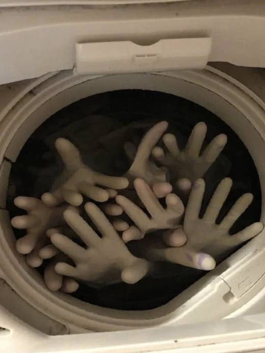 gloves in a dark dryer, facing forward and looking like hands reaching out of the void