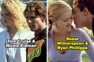 Nicole Kidman and Tom Cruise in Days of Thunder, Reese Witherspoon and Ryan Phillippe in Cruel Intentions, text: Tom Cruise & Nicole Kidman Reese Witherspoon & Ryan Phillippe