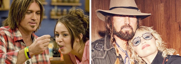 Billy Ray Cyrus and Miley Cyrus on the red carpet and in Hannah Montana, text: Billy Ray Cyrus & Miley Cyrus