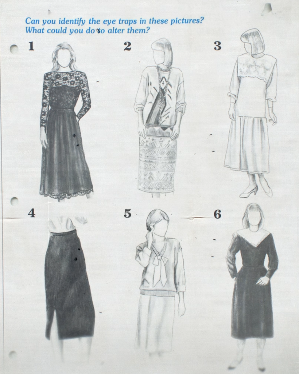 Page from a workbook showing women in various dresses