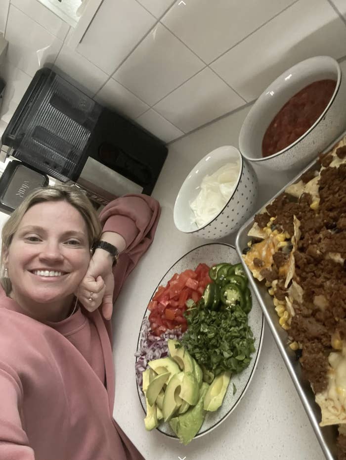 the author with a sheet pan meal