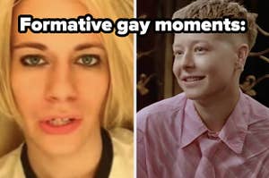 A side by side of Chris Crocker and Emma D'Arcy with the text 'formative gay moments'