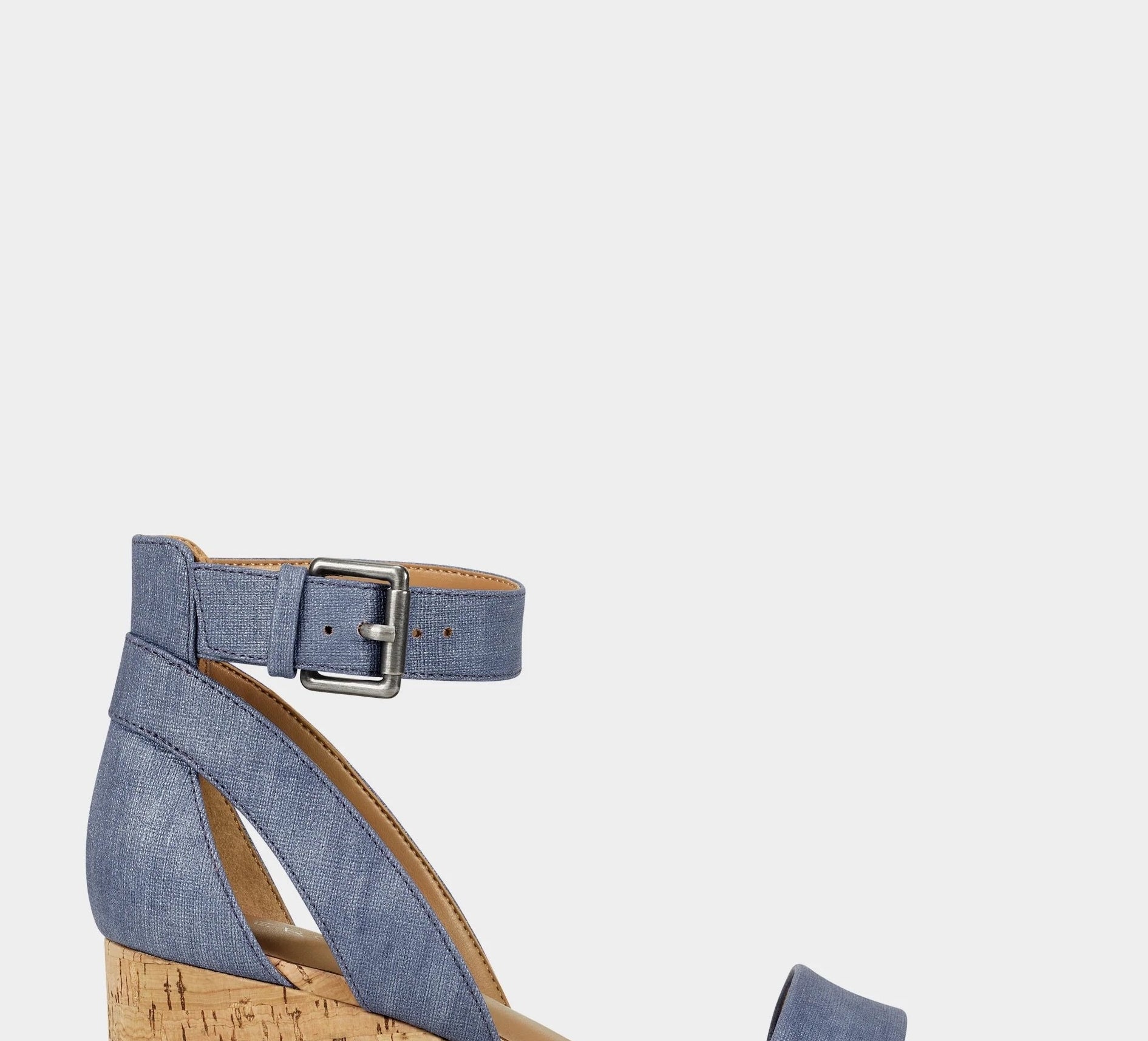 blue wedge sandals with cork heels and an ankle strap