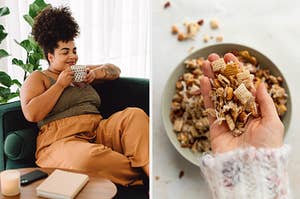 Woman sits on couch versus hand digs into pecan snack mix