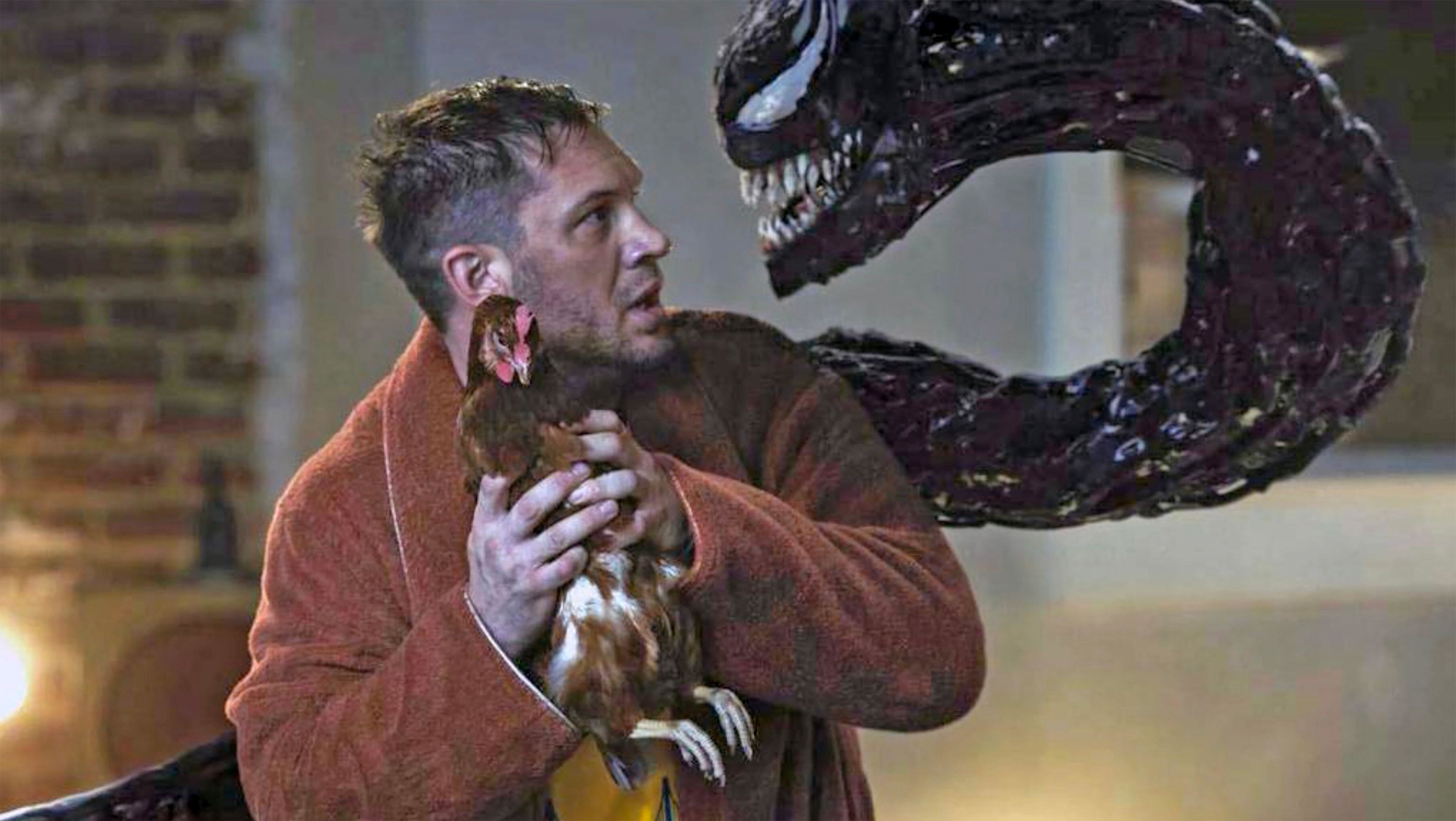 Tom Hardy holds a chicken near a sentient alien symbiote