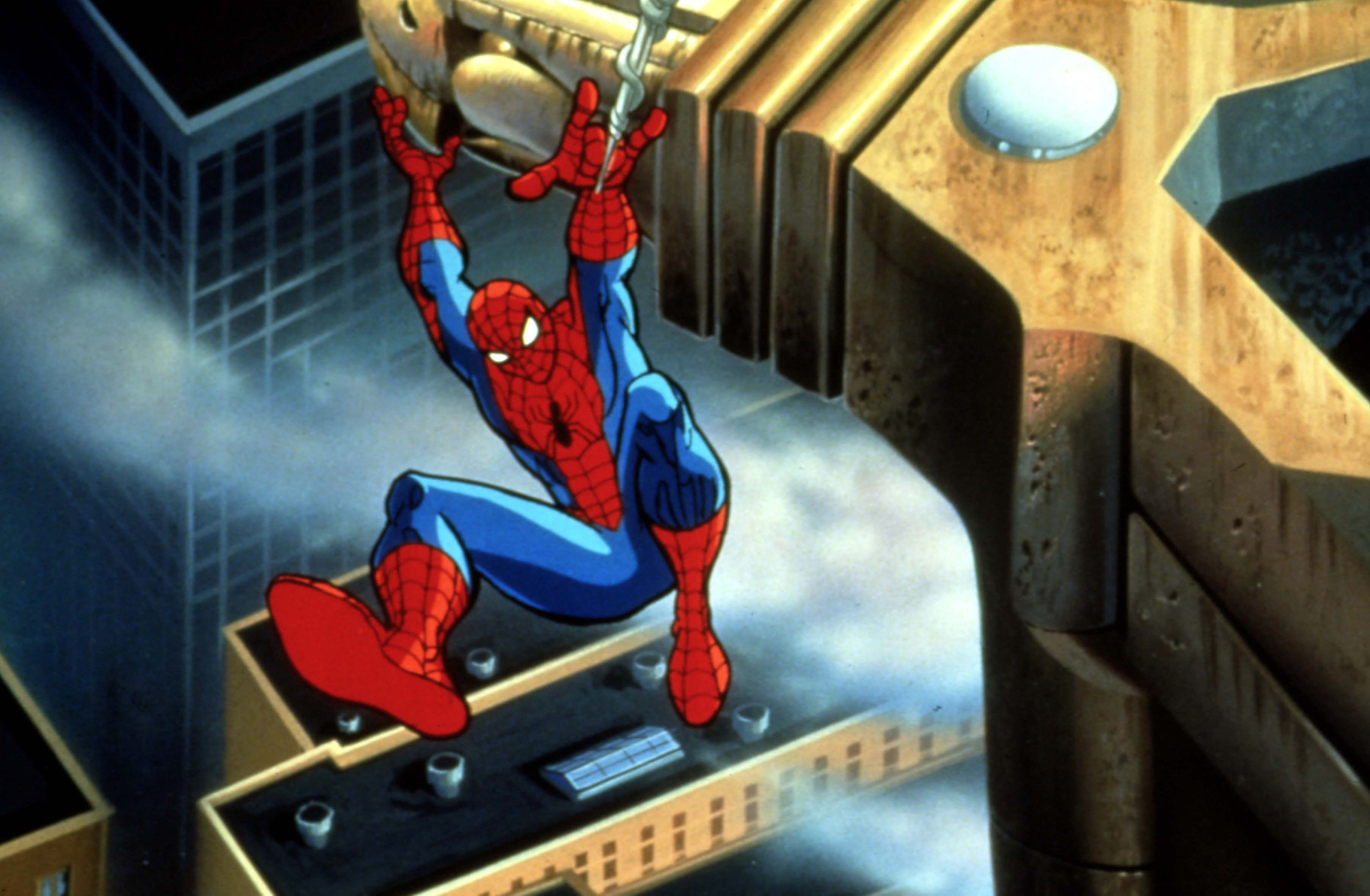 Animated Spider-Man Swings past a rooftop