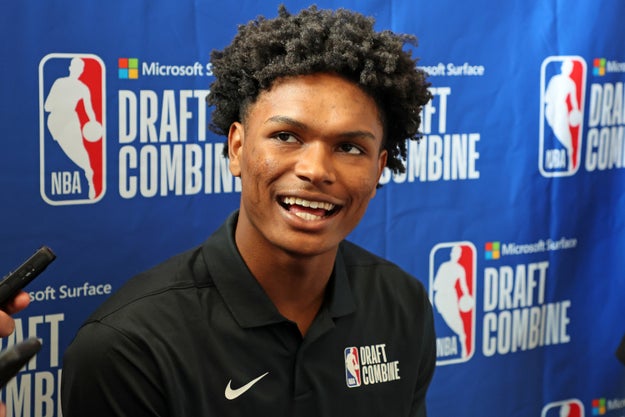 Jalen Hood-Schifino meets with the media at the NBA Draft Combine