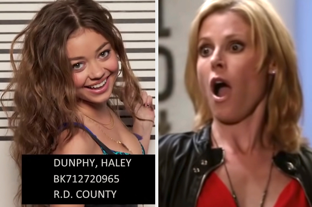 haley's mug shot and claire looking shocked on modern family