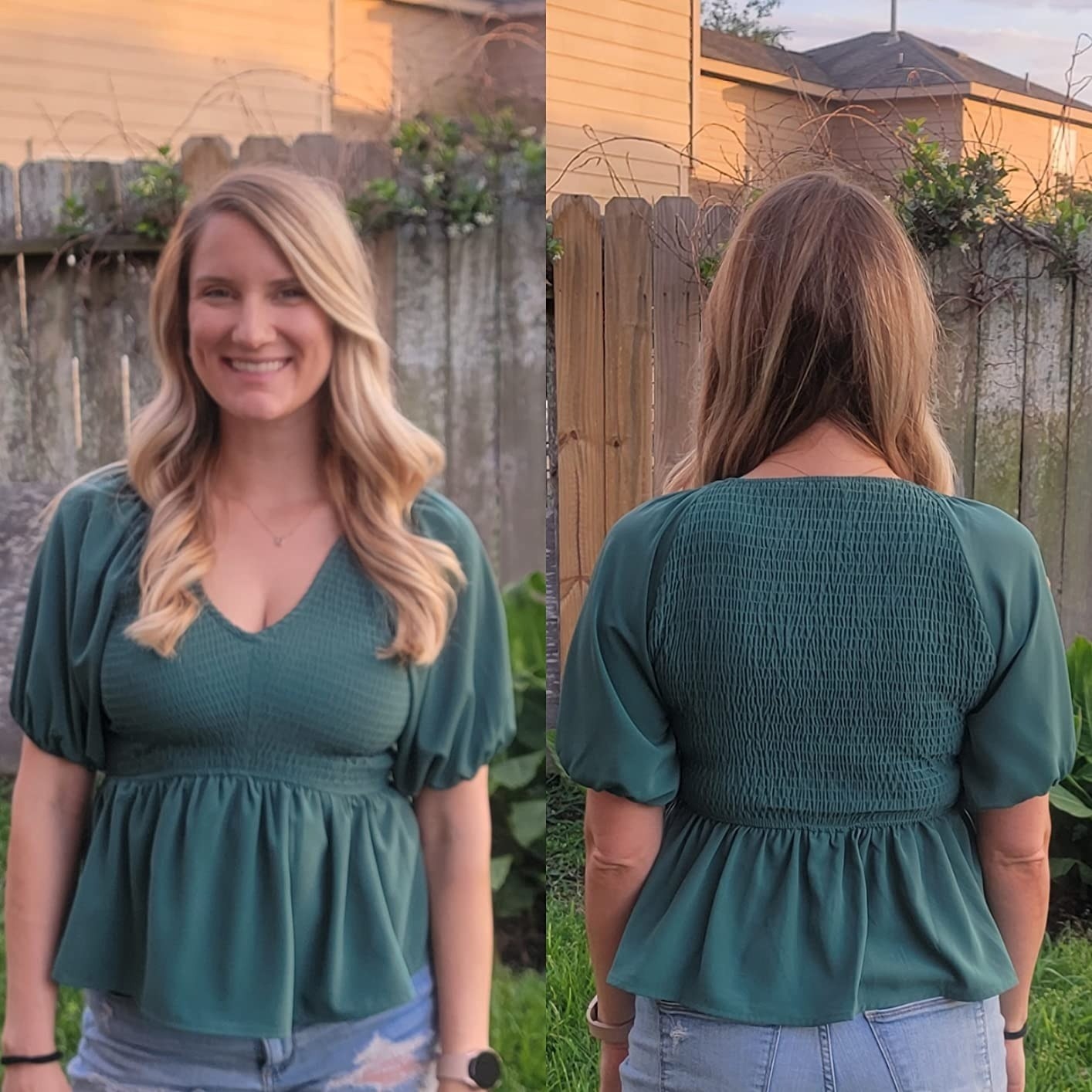 A reviewer in the dark green top