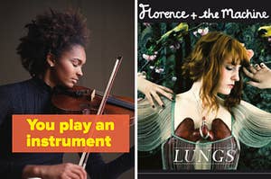 A woman playing the violin and the Florence + the Machine "Lungs" album.