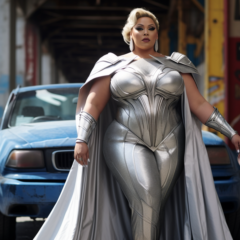 silver jumpsuit with a cape