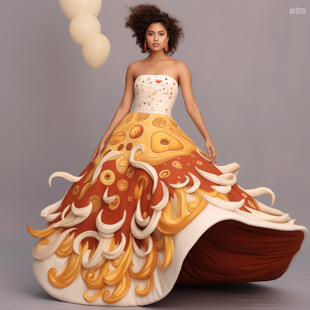 strapless dress with a twists that look like cheese on a pizza