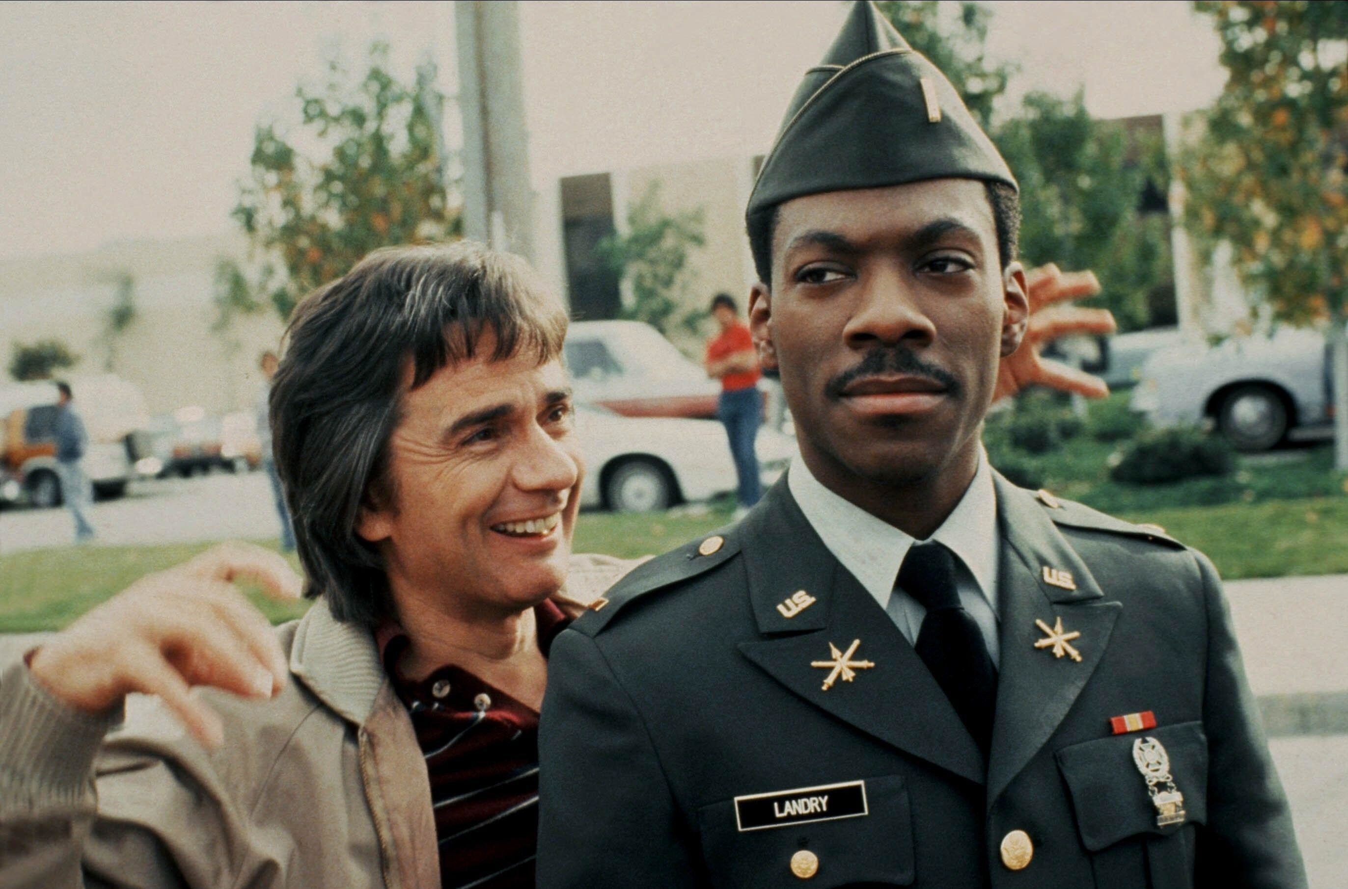 Dudley Moore and Eddie Murphy on the set of &quot;Best Defense&quot;