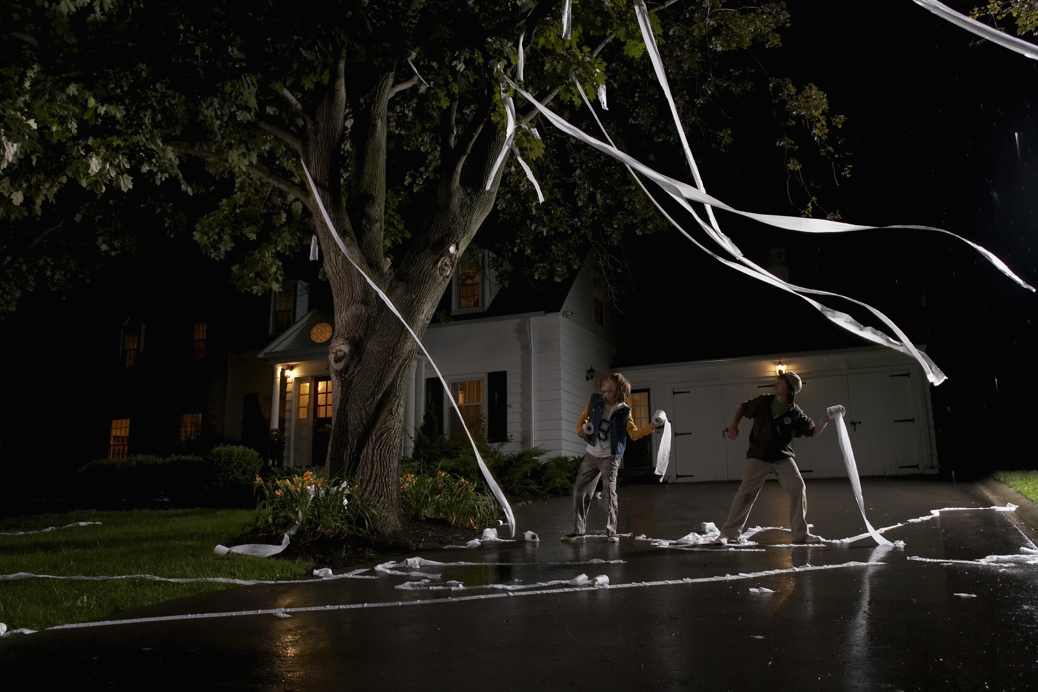 People throwing TP on a tree outside of a house