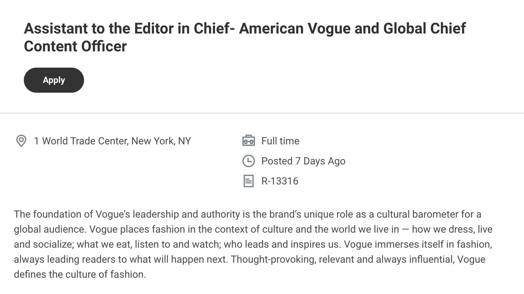 &quot;Assistant to the Editor in Chief- American Vogue and Global Chief Content Officer&quot;