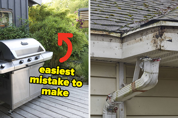 arrow pointing to bamboo next to grill saying "easiest mistake to make," and a mossy, dirty gutter attached to a roof?