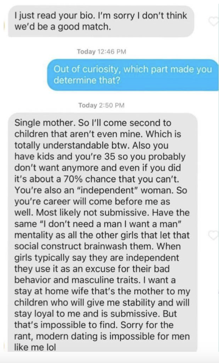 &quot;Sorry for the rant, modern dating is impossible for men like me lol&quot;