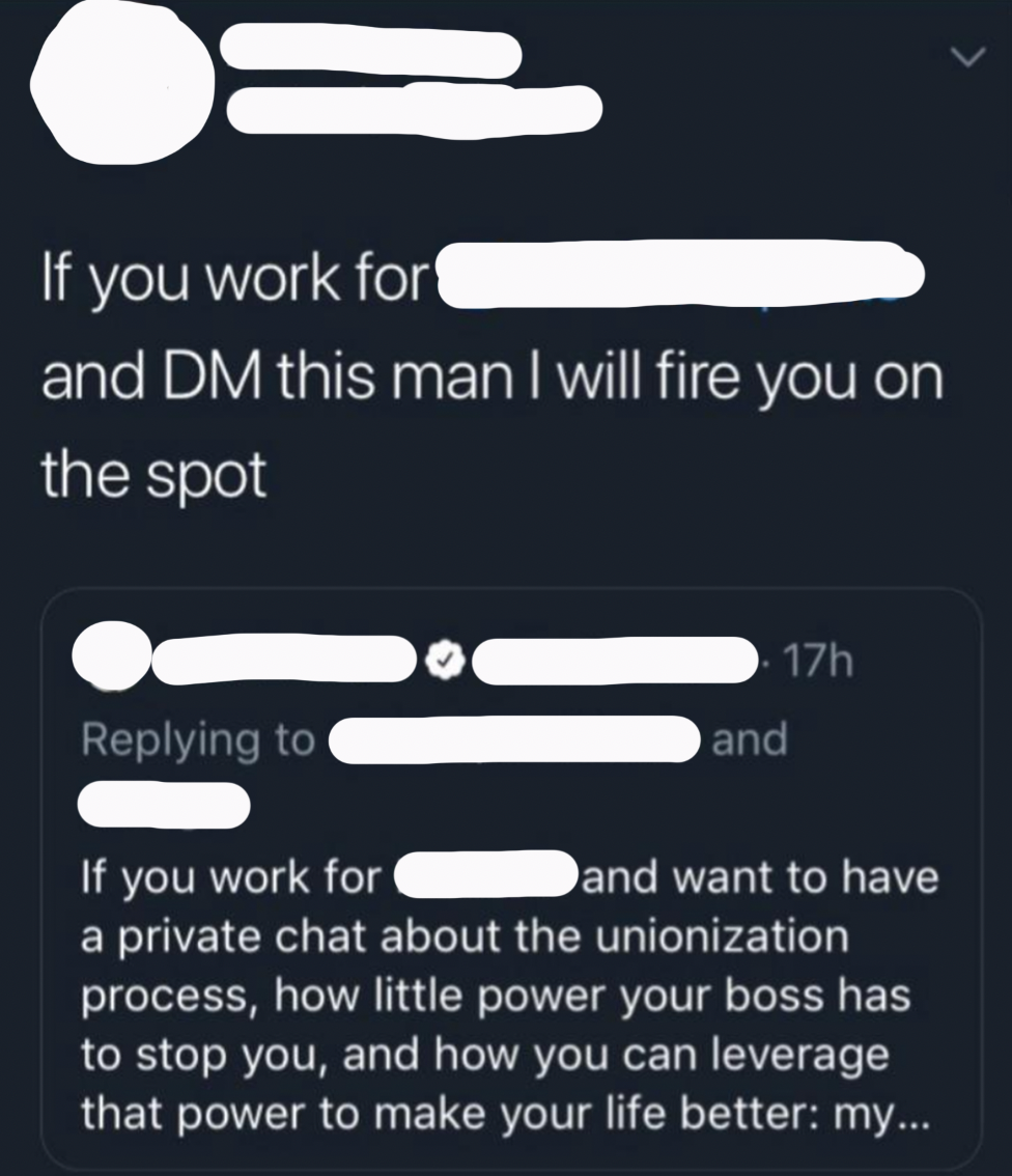 &quot;If you work for ______ and DM this man I will fire you on the spot&quot;