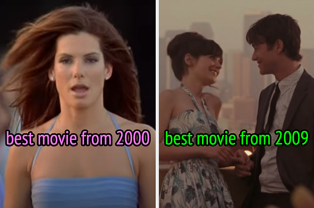 On the left, Sandra Bullock as Gracie in Miss Congeniality labeled best movie from 2000, and on the right, Summer and Tom from 500 Days of Summer labeled best movie from 2009