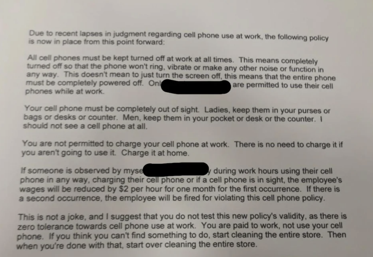 &quot;You are not permitted to charge your cell phone at work.&quot;