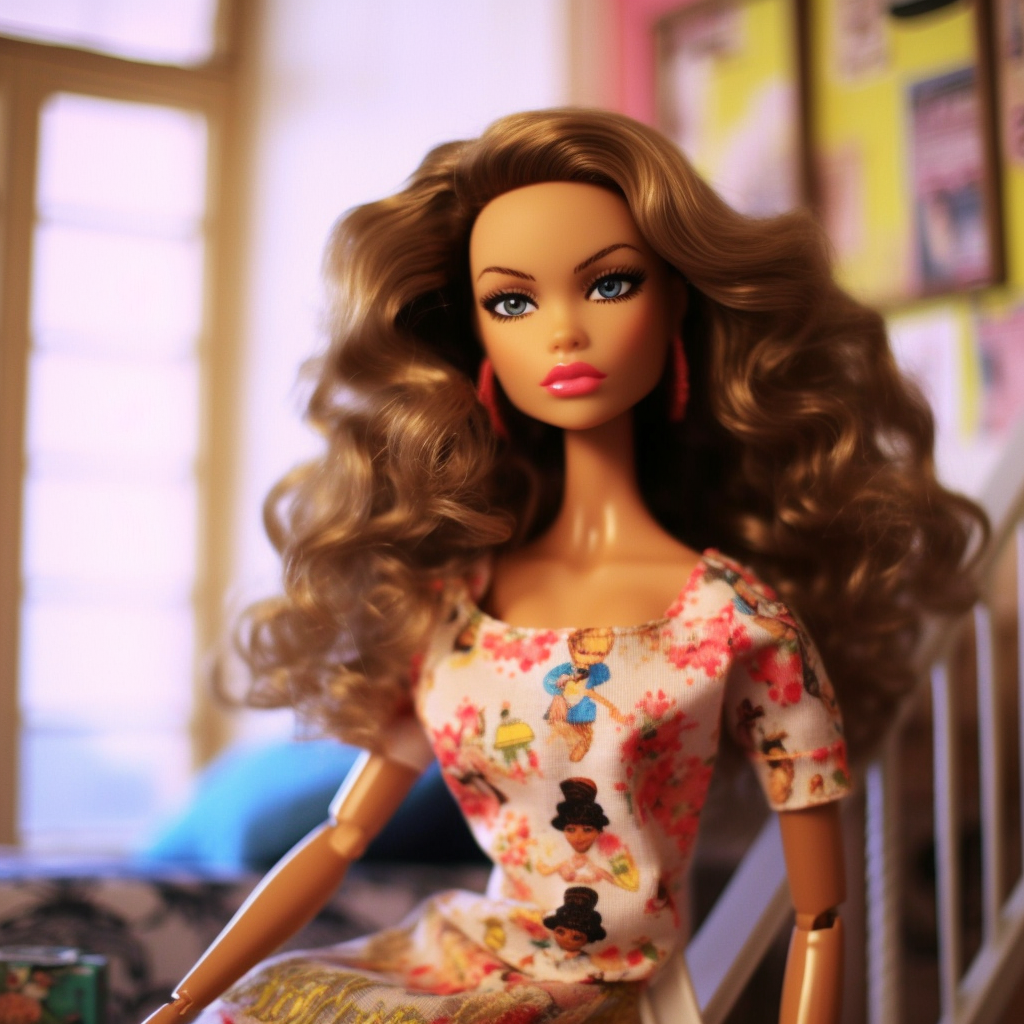 A Barbie with hoop earrings and a printed dress