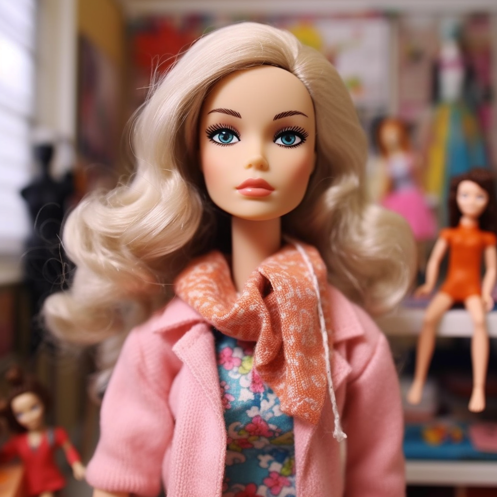 A Barbie wearing a scarf, a cardigan, and a floral top
