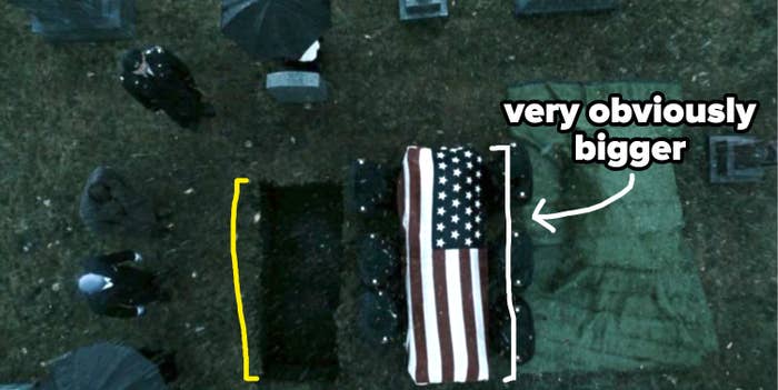 the coffin and grave side by side and the coffin is bigger