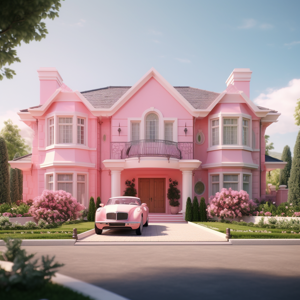 A pink house with a pink car in the driveway