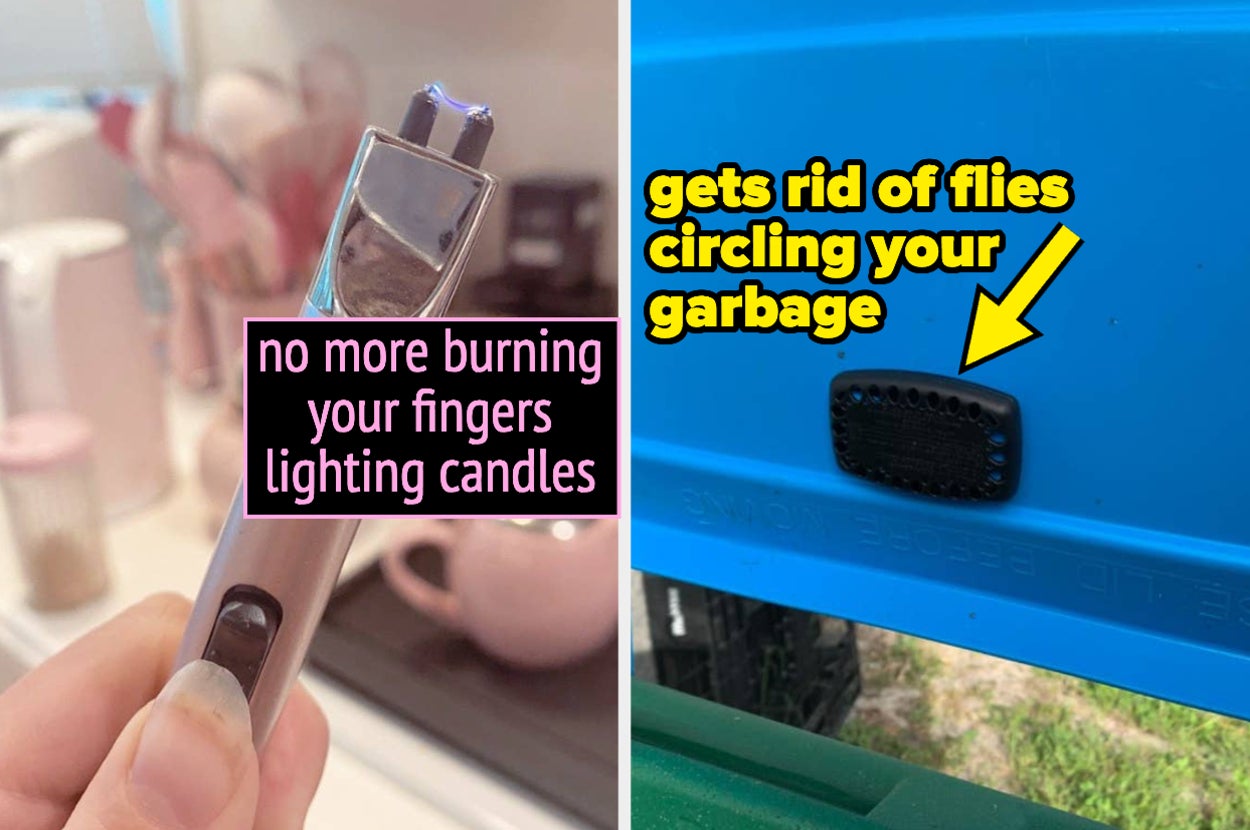 BuzzFeed Shopping writer holding their pink rechargeable lighter with words "no more burning your fingers lighting candles" and reviewer's garbage guard attached to their trash can with words "gets rid of flies circling your garbage"
